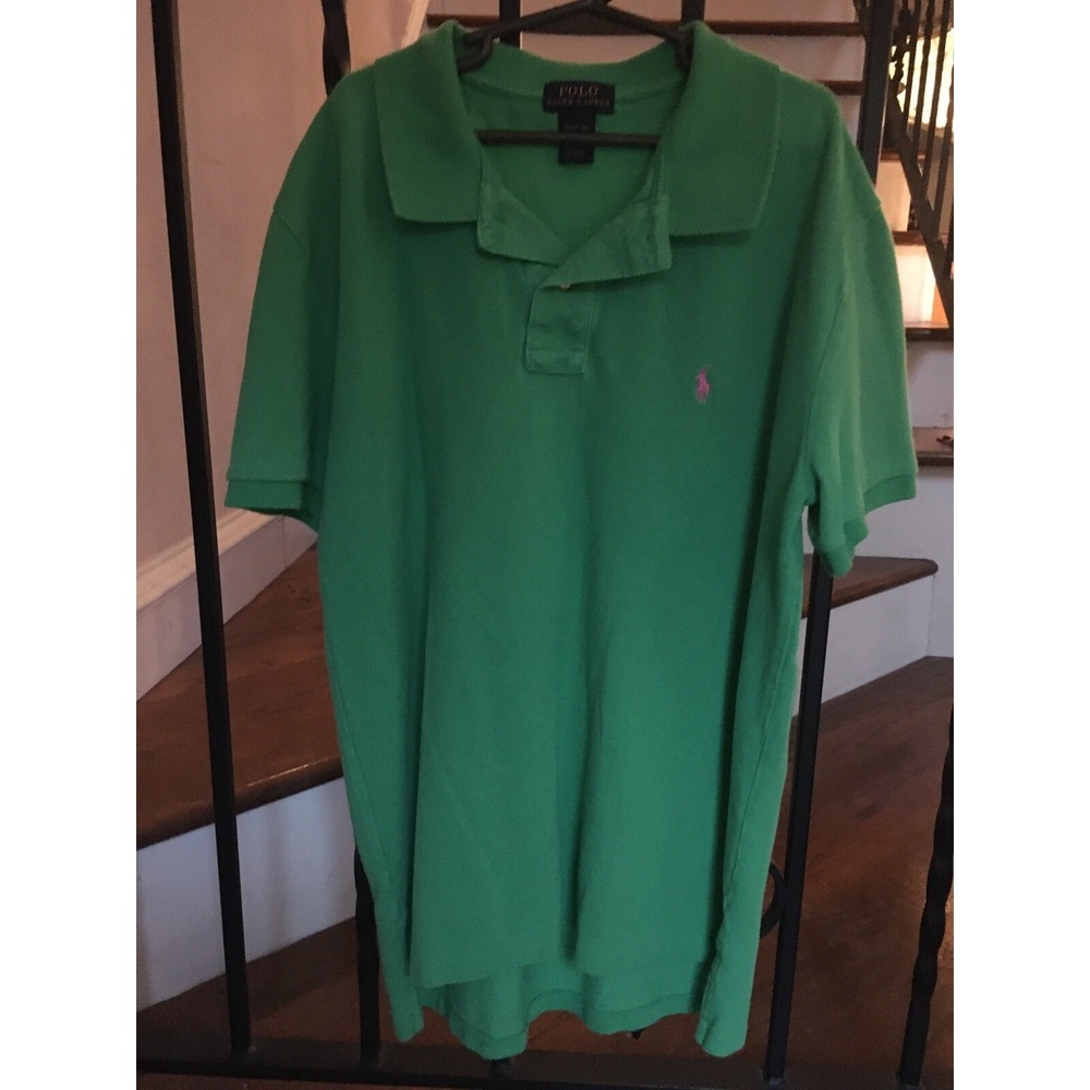 Boy's Size 14-16 Ralph Lauren Polo Shirt Collar Green Short Sleeves Pink Logo